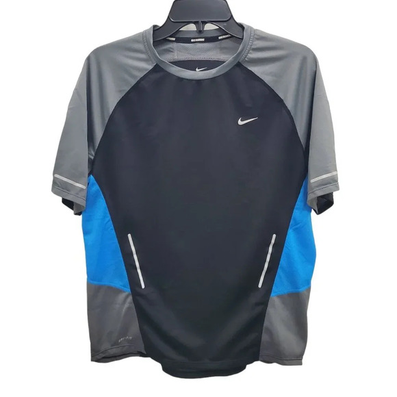 Nike NikeRunning Dri-Fit Mens Black Gray Colorblock Lightweight Reflective Top M - Picture 1 of 9